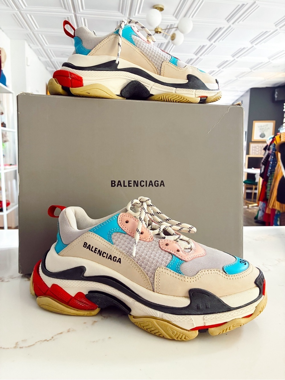 Balenciaga triple S Sneakers with Cream, Blue & Red Accents